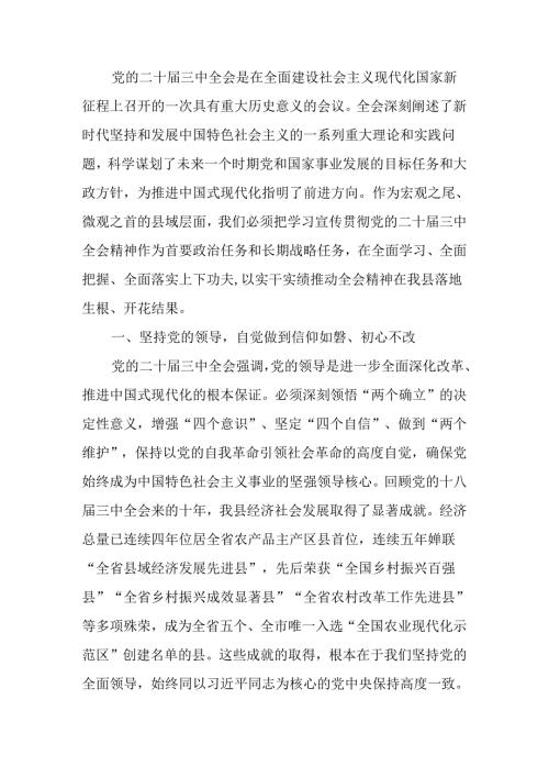 研讨发言材料：学习贯彻党的二十三中全会精神推动县域高质量发展.docx