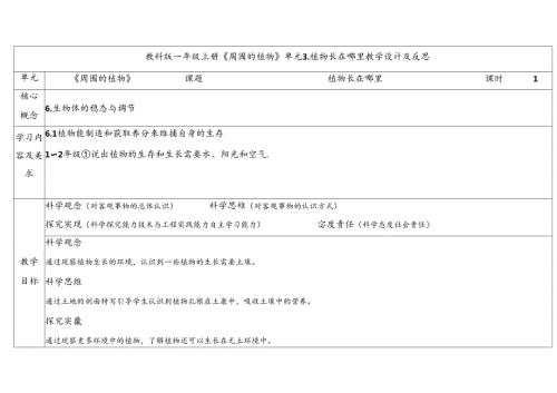 2024新教科版一年级科学上册第一单元植物长在哪里教学设计.docx