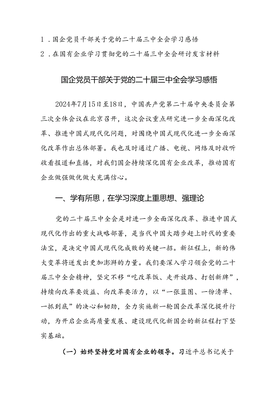 国企党员干部关于党的二十三中全会学习感悟及研讨发言材料范文2篇.docx_第1页