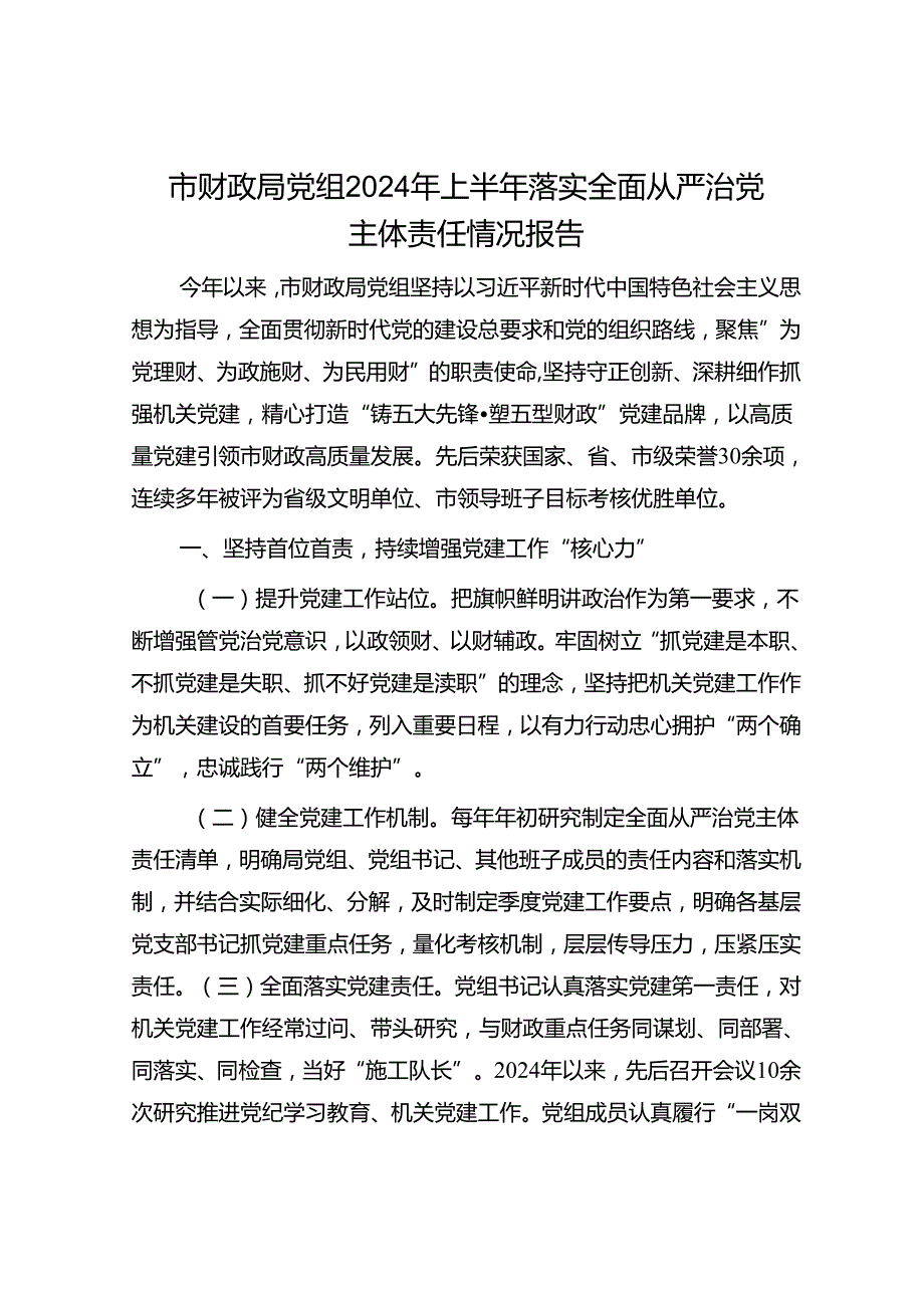 市财政局党组2024年上半年落实全面从严治党主体责任情况报告.docx_第1页