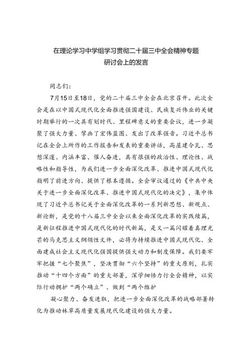 在理论学习中学组学习贯彻二十三中全会精神专题研讨会上的发言六篇（详细版）.docx