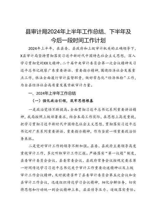 县审计局2024年上半年工作总结、下半年及今后一段时间工作计划.docx