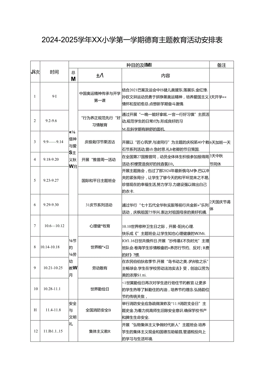 20242025XX小学第一学期德育主题教育活动安排表.docx_第1页