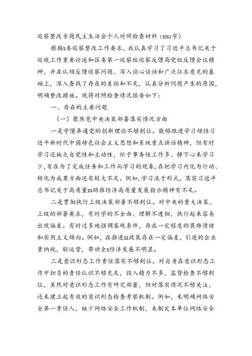 巡察整改专题民主生活会个人对照检查材料（3251字）.docx