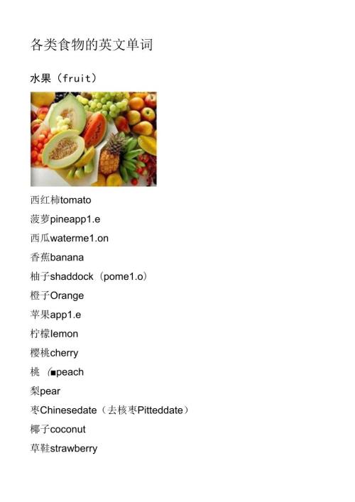 各类食物的英文单词全(水果蔬菜海鲜调料主干果酒零食中式早点饭面类汤类中餐西餐与日本料理).docx
