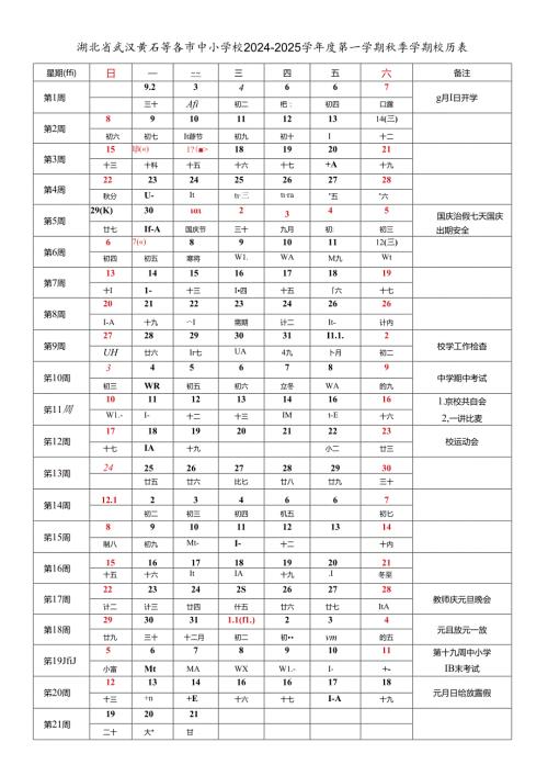 湖北省武汉黄石襄阳十堰荆州宜昌荆门鄂州孝感黄冈咸宁随州恩施仙桃潜江天门市中小学校20242025学第一学期季学期校历表教育教学工作日历表.docx