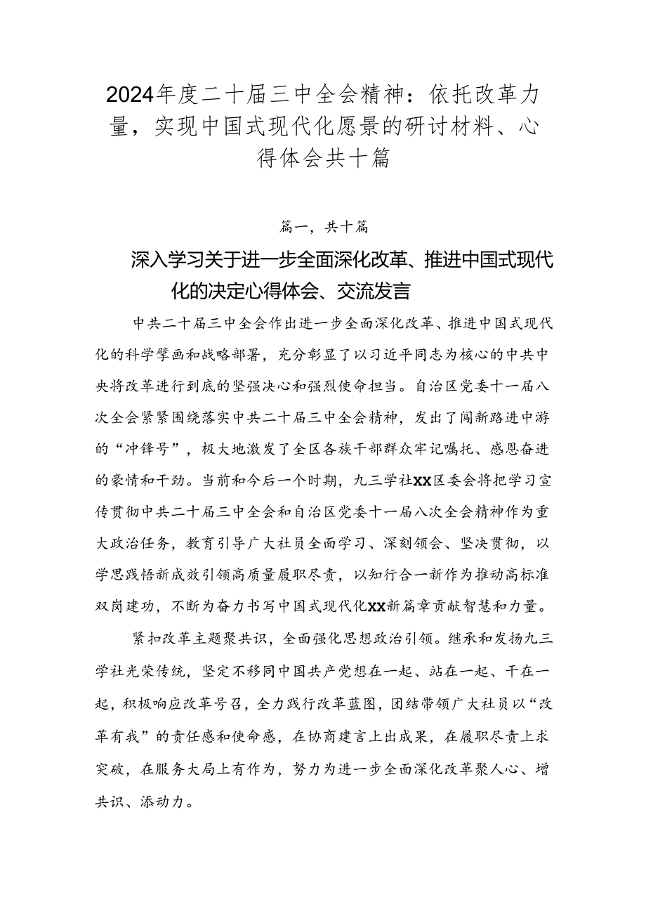2024二十三中全会精神：依托改革力量实现中国式现代化愿景的研讨材料、心得体会共十篇.docx_第1页