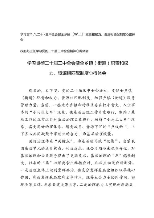 2024年学习贯彻二十三中全会职责和权力、资源相匹配制度心得体会+政府办主任学习党的二十三中全会精神心得体会.docx