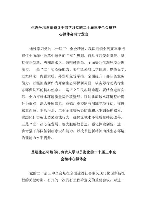 生态环境系统领导干部学习党的二十三中全会精神心得体会研讨发言8篇（精选）.docx