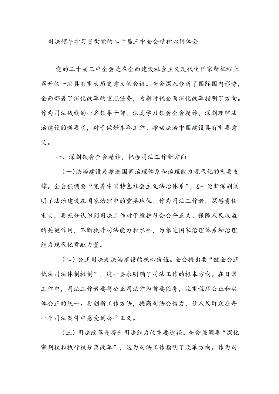 司法系统领导干部学习贯彻党的二十三中全会精神心得体会研讨发言.docx_第1页