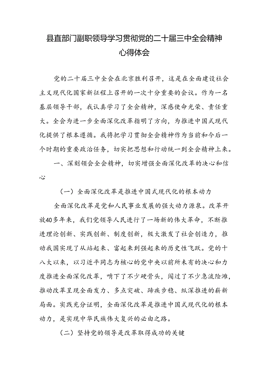 机关部门副职领导副局长学习贯彻党的二十三中全会精神心得体会研讨发言.docx_第1页