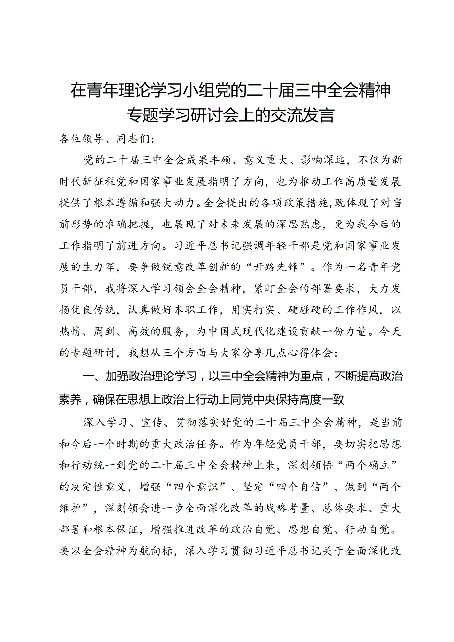 在青年理论学习小组党的二十三中全会精神专题学习研讨会上的交流发言.docx_第1页