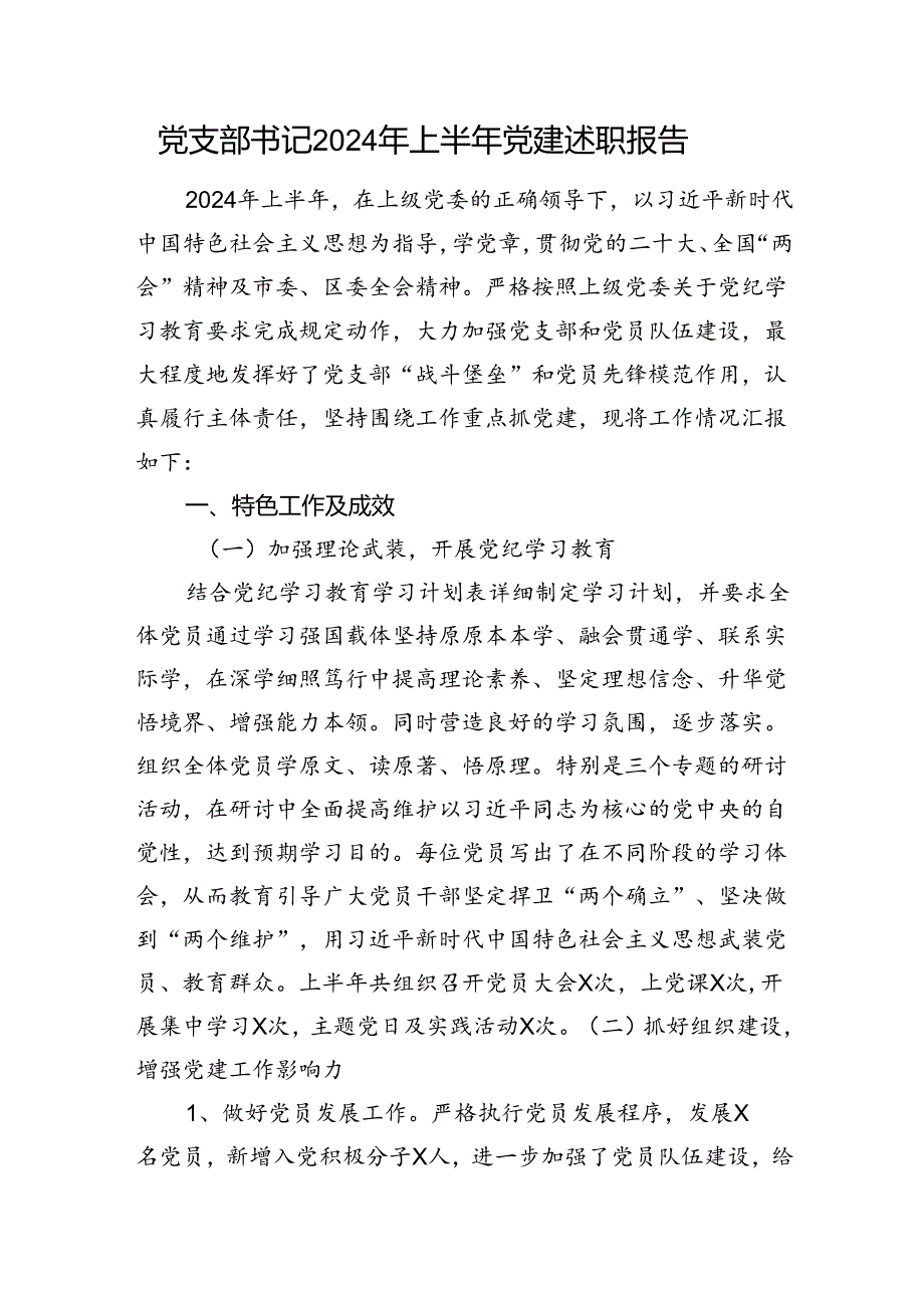 党支部书记2024年上半年党建述职报告(1).docx_第1页