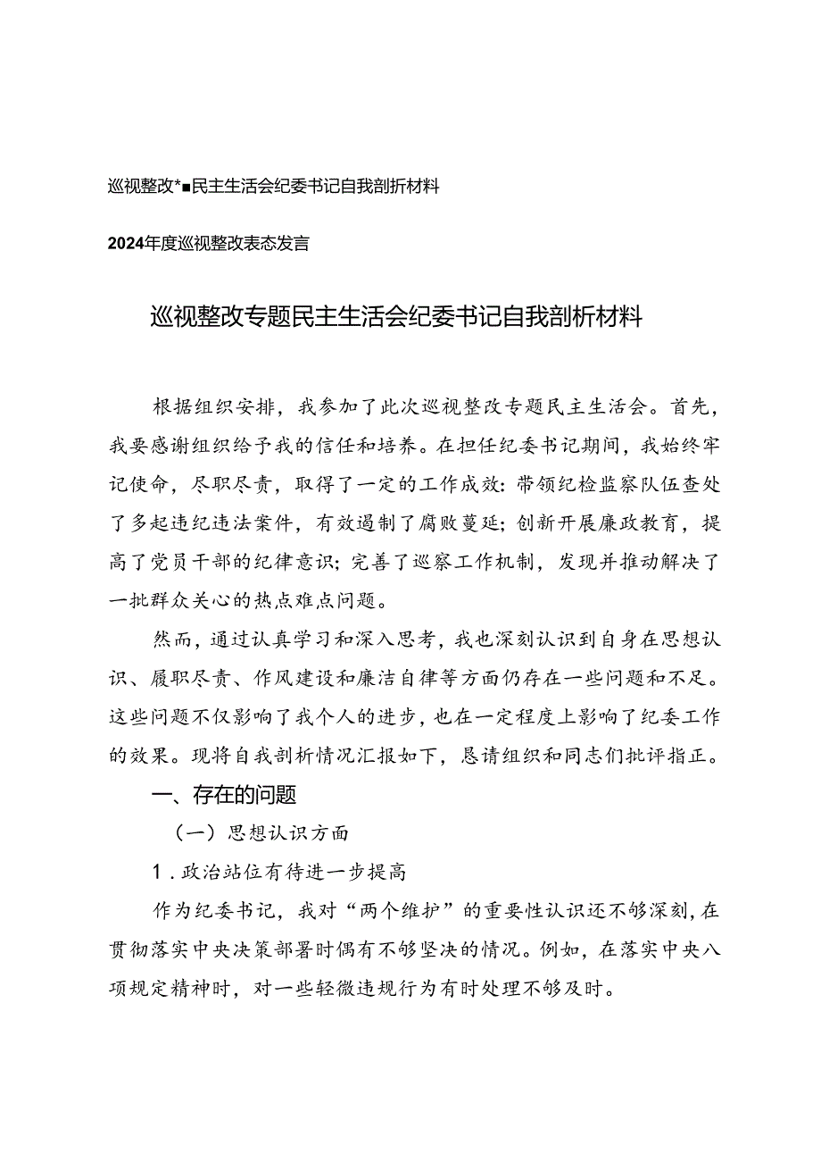 巡视整改专题民主生活会纪委书记自我剖析材料+2024巡视整改表态发言.docx_第1页