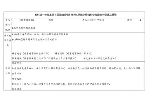 2024新教科版一年级科学上册第一单元周围的植物单元小结和科学阅读教学设计.docx