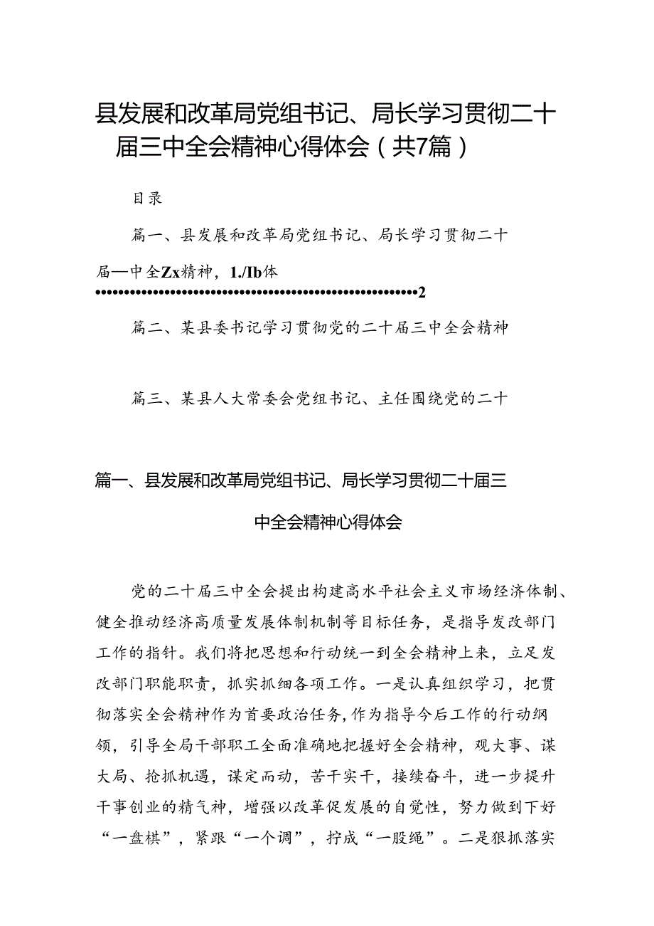 县发展和改革局党组书记、局长学习贯彻二十三中全会精神心得体会7篇（详细版）.docx_第1页