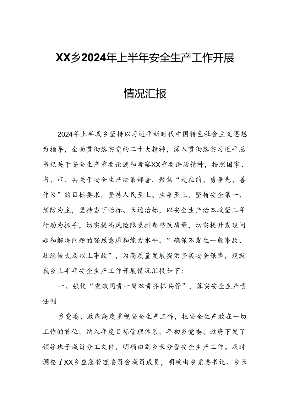 XX乡2024年上半年安全生产工作开展情况汇报.docx_第1页