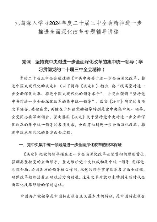 九篇深入学习2024二十三中全会精神进一步推进全面深化改革专题辅导讲稿.docx