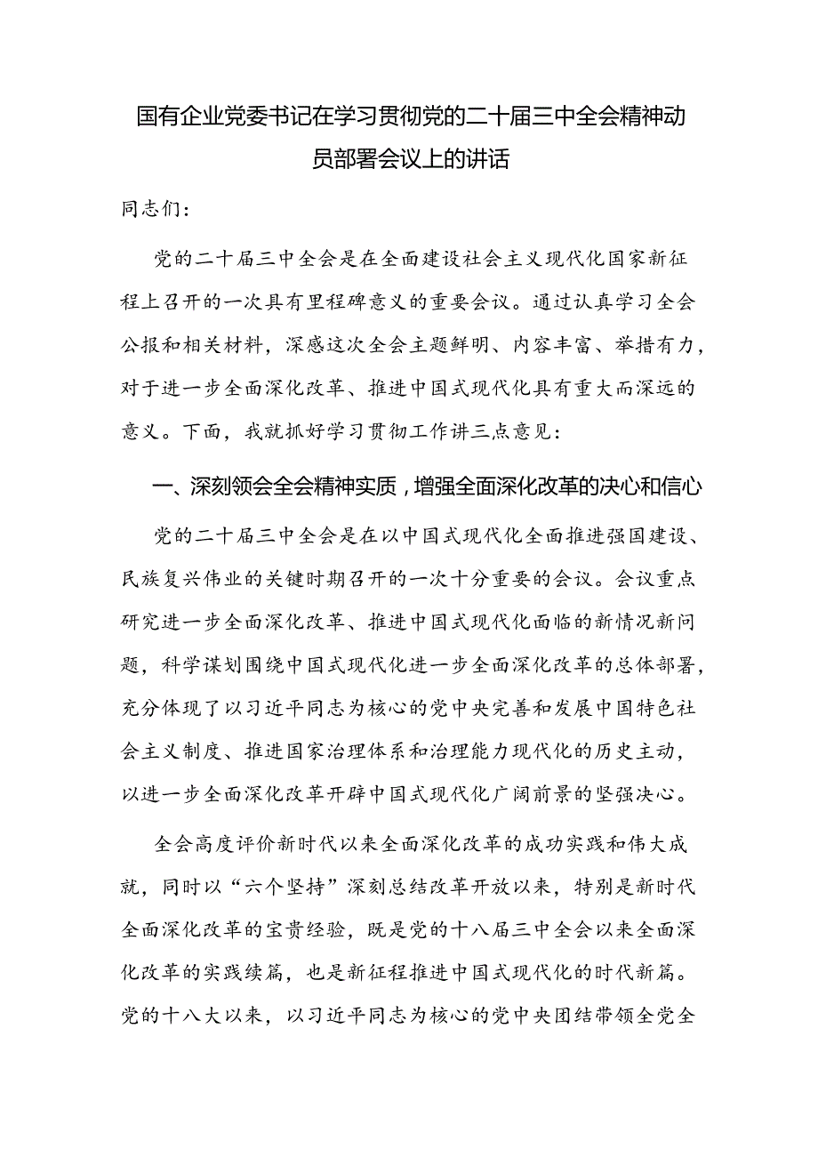 国有企业党委书记在学习贯彻党的二十三中全会精神动员部署会议上的讲话和党员干部学习感悟.docx_第2页