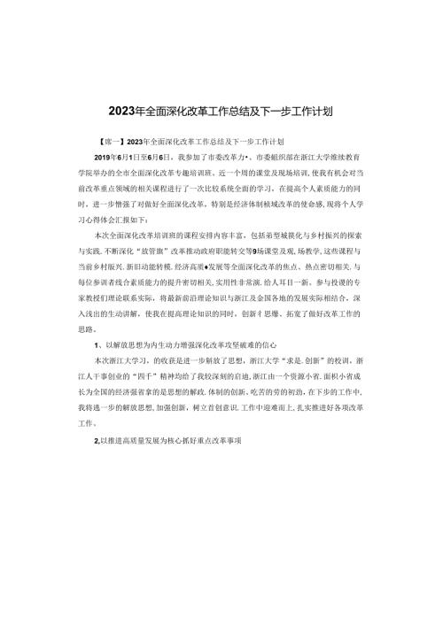2023年全面深化改革工作总结及下一步工作计划.docx