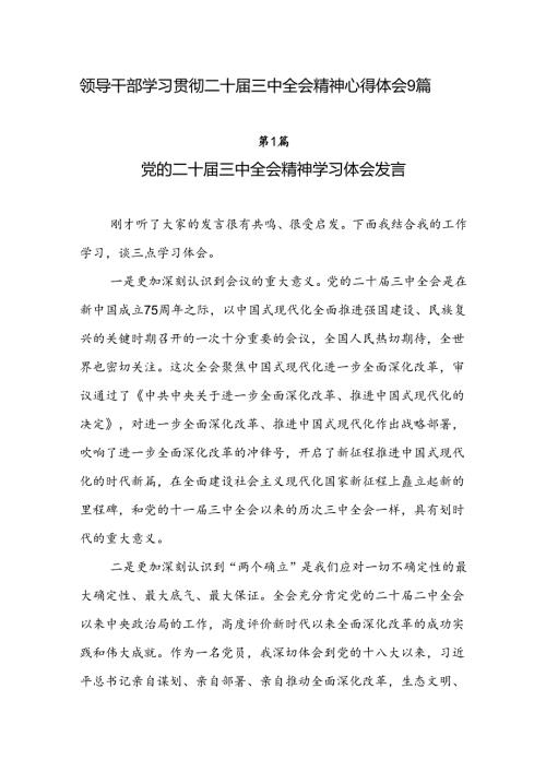 领导干部2024年9月学习贯彻二十三中全会精神心得体会研讨发言9篇.docx