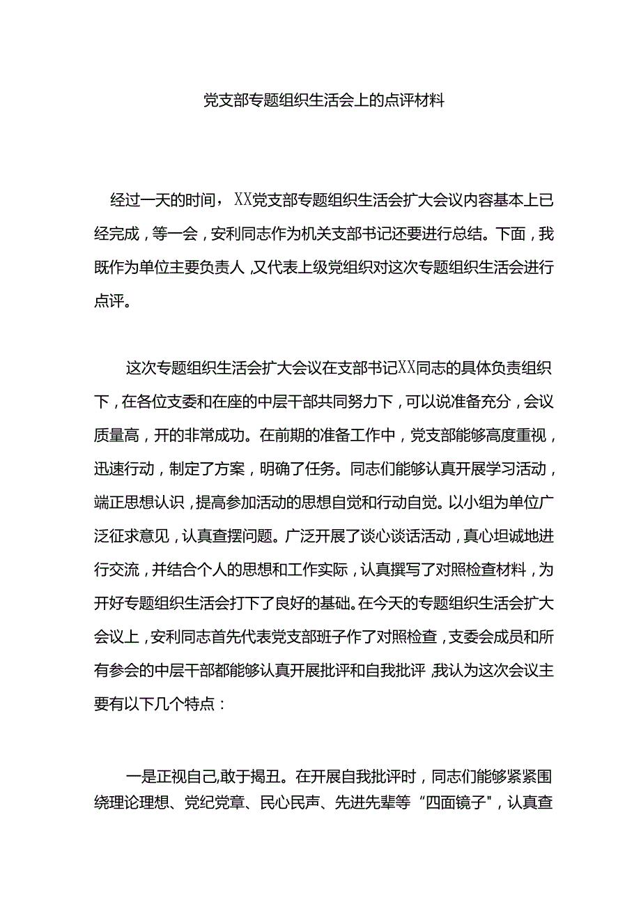 党支部专题组织生活会上的点评材料.docx_第1页