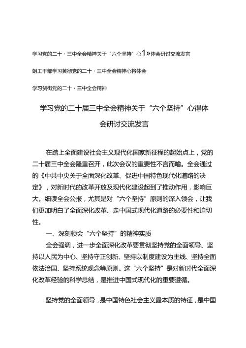 学习党的二十三中全会精神关于“六个坚持”心得体会研讨交流发言+组工干部学习贯彻党的二十三中全会精神心得体会.docx