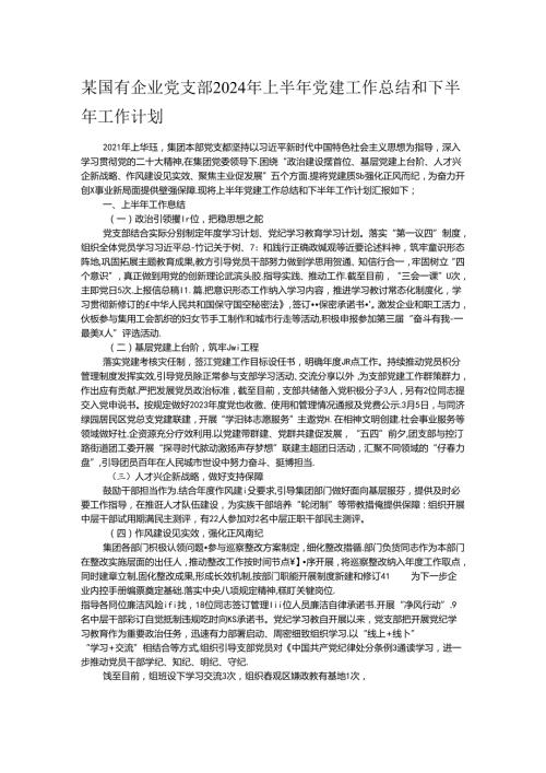 某国有企业党支部2024年上半年党建工作总结和下半年工作计划.docx
