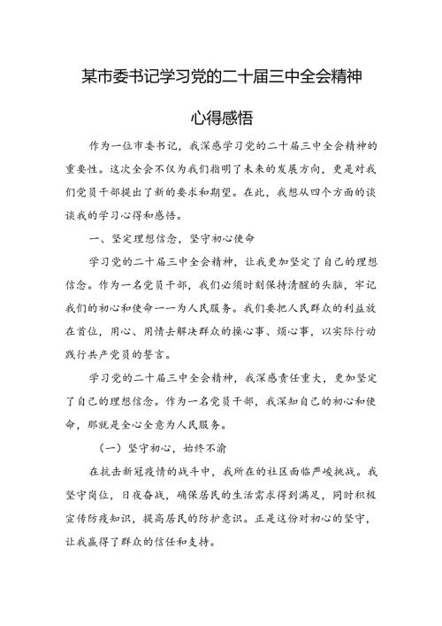 某市委书记学习党的二十三中全会精神心得感悟.docx