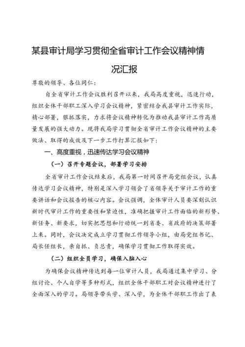 某县审计局学习贯彻全省审计工作会议精神情况汇报.docx