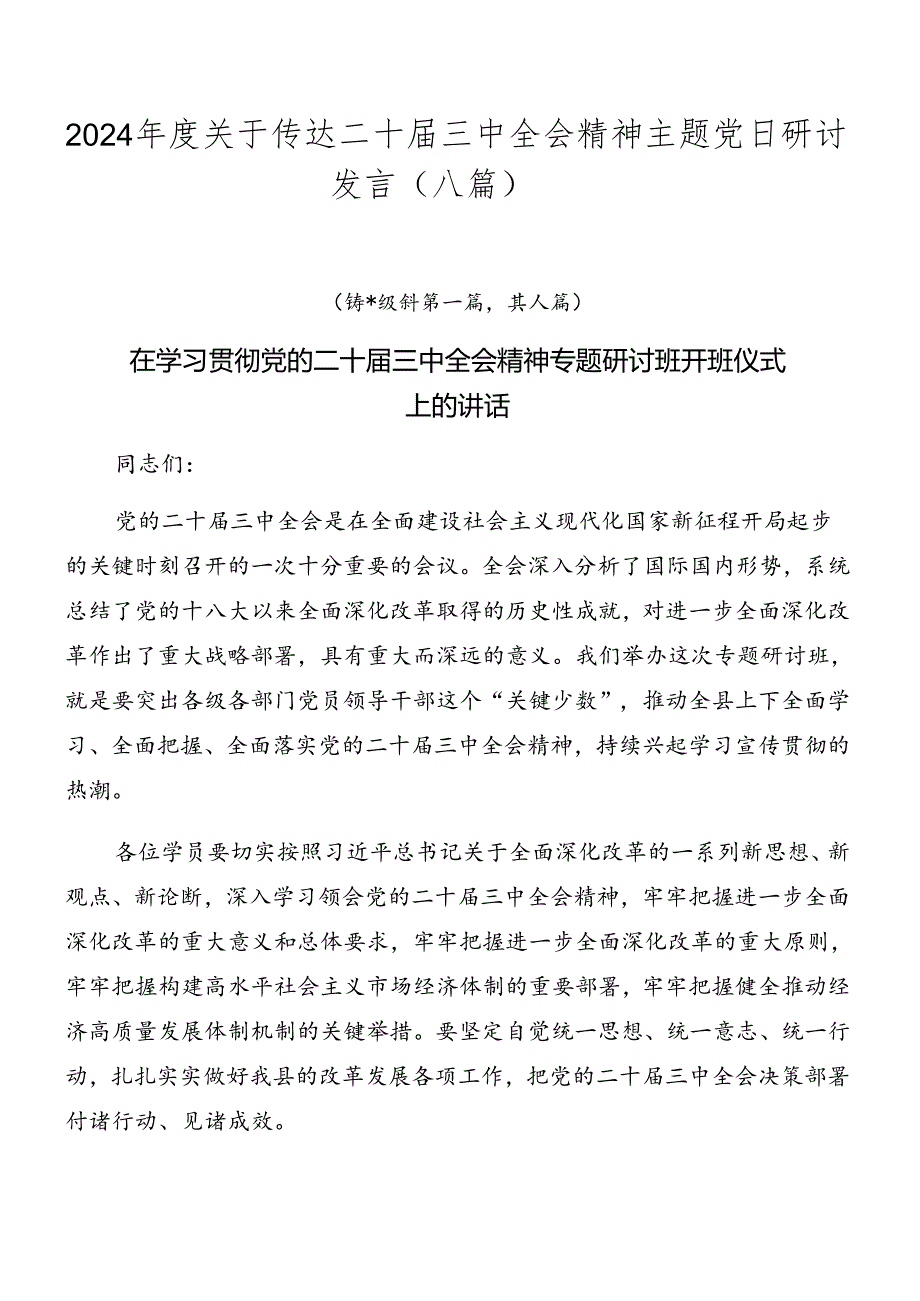 2024关于传达二十三中全会精神主题党日研讨发言（八篇）.docx_第1页