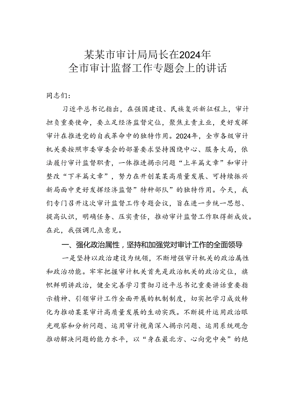 某某市审计局局长在2024年全市审计监督工作专题会上的讲话.docx_第1页