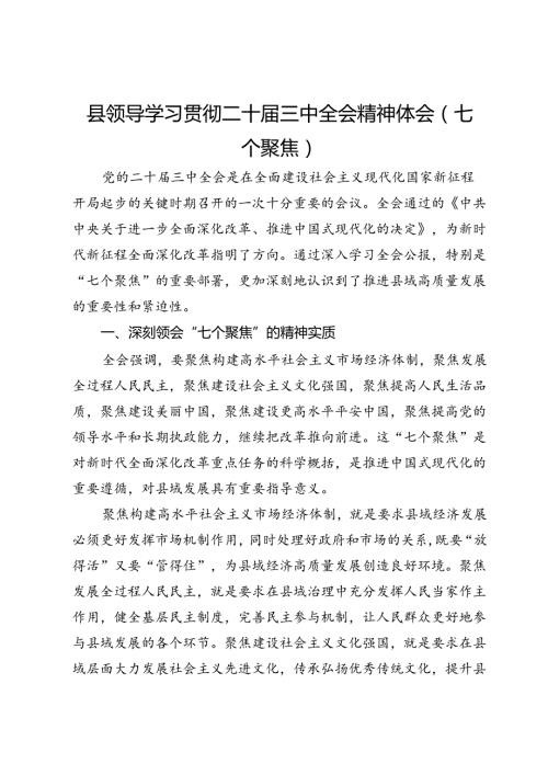县长学习贯彻二十三中全会精神体会（七个聚焦）.docx