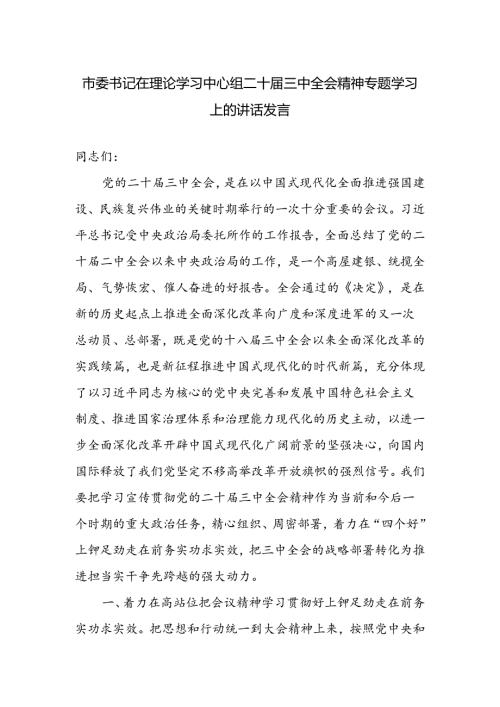 市委书记在理论学习中心组二十三中全会精神专题学习上的讲话发言.docx