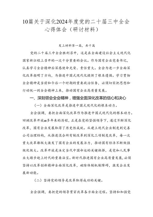 10篇关于深化2024党的二十三中全会心得体会（研讨材料）.docx