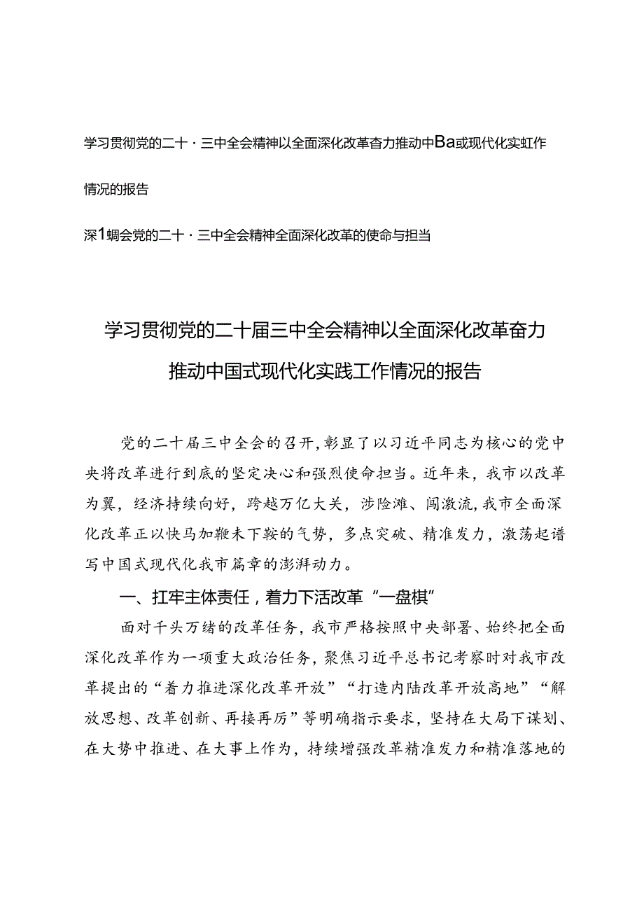 学习党的二十三中全会精神以全面深化改革奋力推动中国式现代化实践工作情况的报告+领会党的二十三中全会精神全面深化改革的使命与担当党课讲稿.docx_第1页