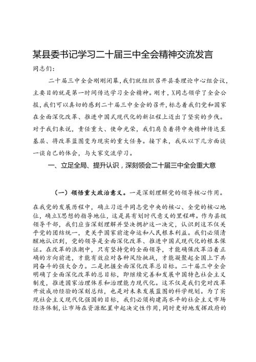某县委书记学习二十三中全会精神交流发言(1).docx
