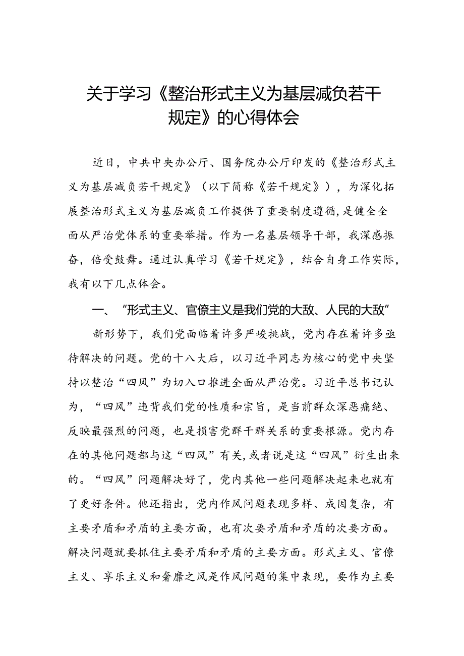 关于学习贯彻《整治形式主义为基层减负若干规定》心得体会研讨交流发言七篇.docx_第1页