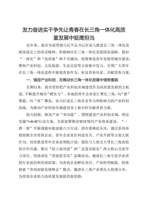 交流发言：发力奋进 实干争先 让青在长三角一体化高质量发展中挺膺担当.docx