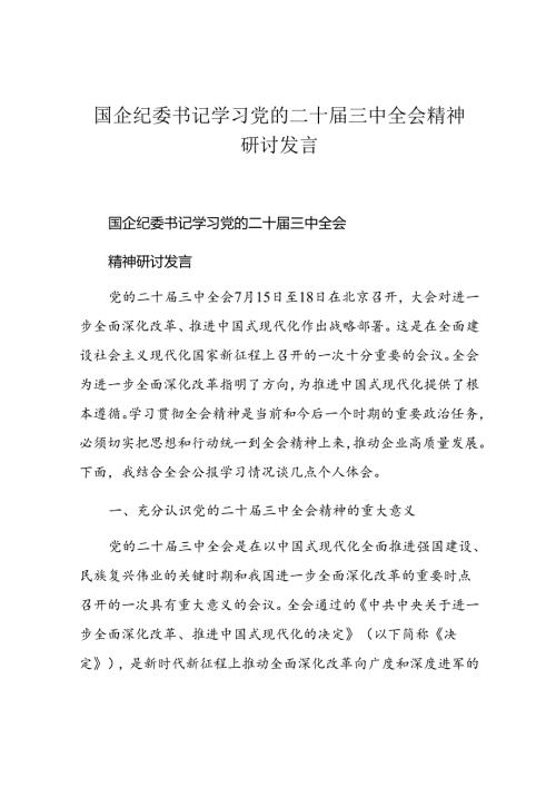 国企纪委书记学习党的二十三中全会精神研讨发言.docx