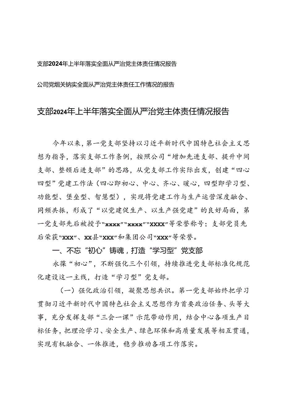 公司党组、公司党组关于落实全面从严治党主体责任工作情况的报告.docx_第1页