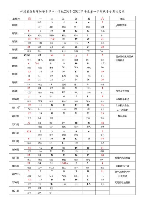四川省成都自贡攀枝花泸州德阳绵阳广元遂宁内江资阳乐山眉山南充宜宾广安达州巴中雅安等市中小学校20242025学第一学期季学期校历表.docx