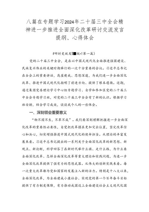 八篇在专题学习2024年二十三中全会精神进一步推进全面深化改革研讨交流发言提纲、心得体会.docx