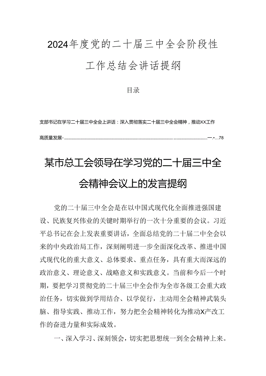 2024党的二十三中全会阶段性工作总结会讲话提纲.docx_第1页