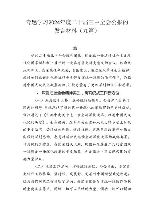 专题学习2024二十三中全会公报的发言材料（九篇）.docx
