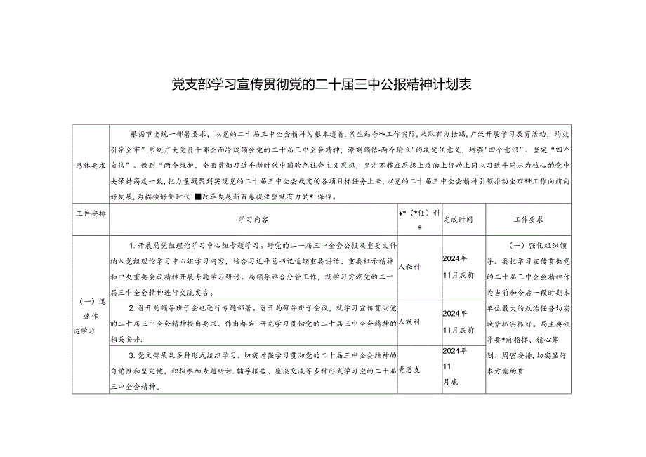 2024年党支部学习宣传贯彻党的二十三中公报精神计划表.docx_第1页