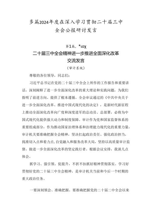 多篇2024在深入学习贯彻二十三中全会公报研讨发言.docx