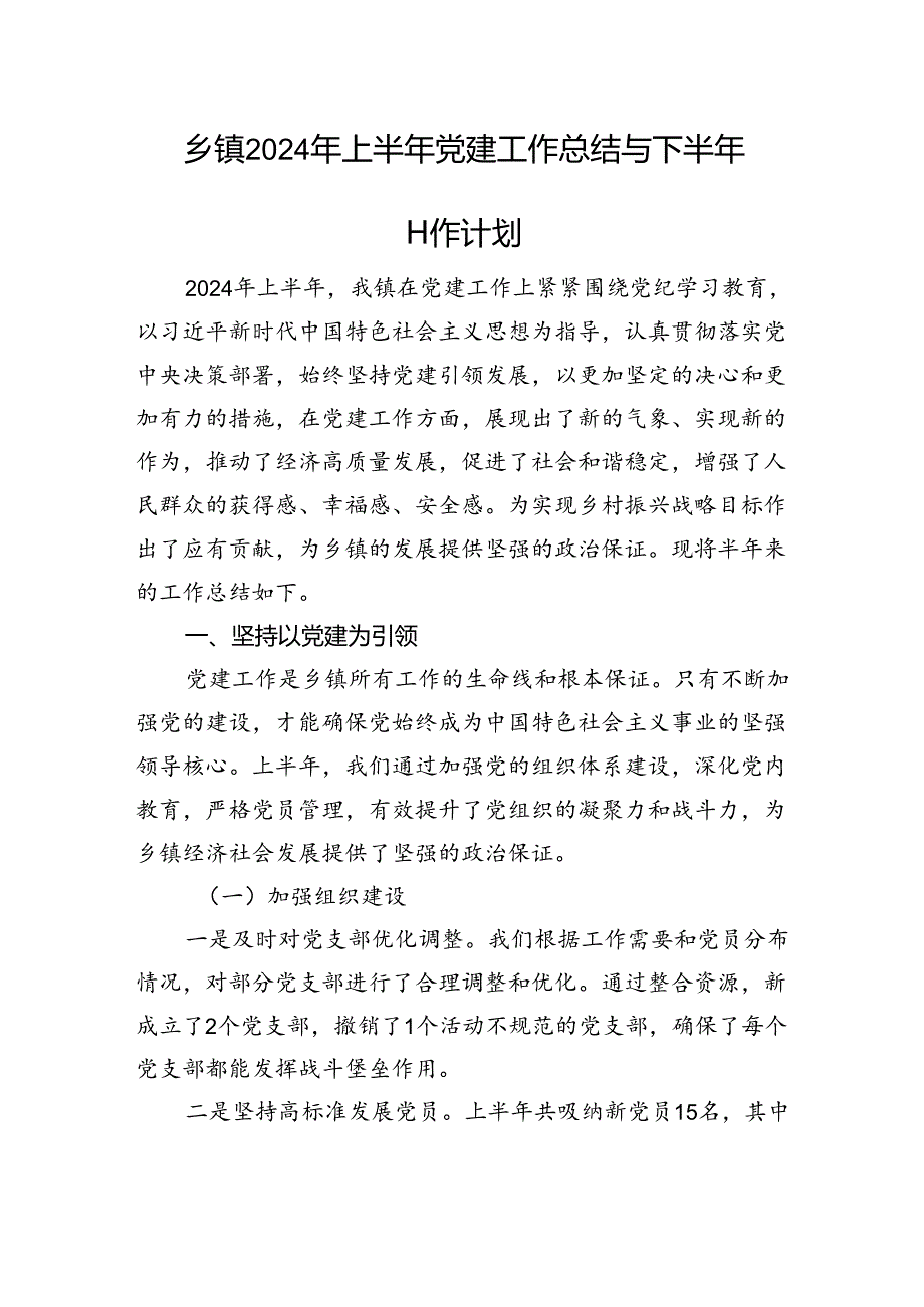 乡镇2024年上半年党建工作总结与下半年工作计划.docx_第1页