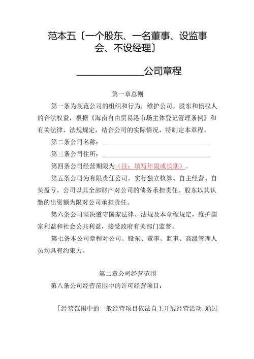 有限责任公司章程范本五：一个股东、一名董事、设监事会、不设经理2024模板.docx