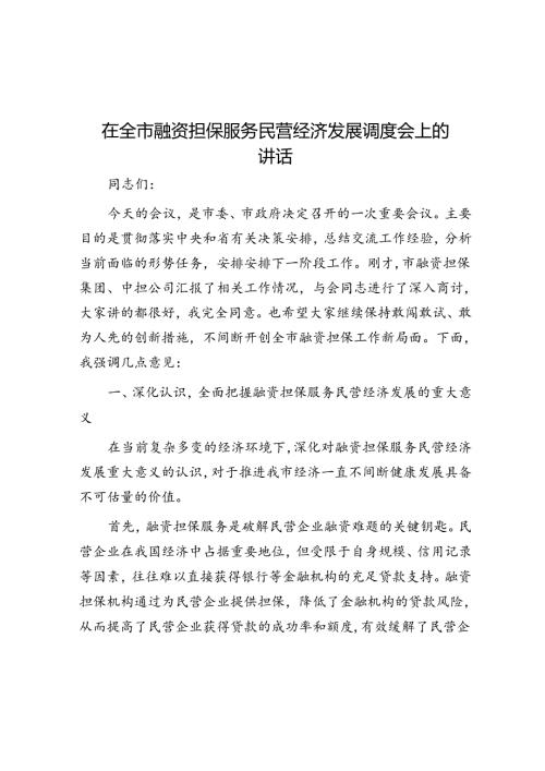 在全市融资担保服务民营经济发展调度会上的讲话.docx